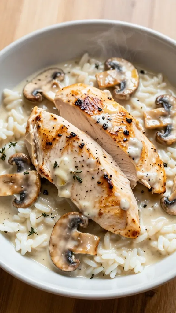 Close-up overhead shot of a creamy mushroom chicken bowl: tender seared chicken breast slices nestled over fluffy white rice, generously coated in a silky cream sauce with golden-browned cremini mushroom slices. Visible flecks of fresh thyme and cracked black pepper, light gloss from butter, subtle steam rising. Neutral ceramic bowl on a warm wood surface, soft natural window light, shallow depth of field, no extra garnishes or sides.