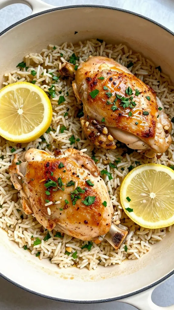Ultra-detailed close-up of a one-pot lemon herb chicken and rice: golden seared bone-in chicken thighs nestled in fluffy long-grain rice, visible lemon slices and zest, finely chopped fresh parsley and thyme sprinkled on top, tiny browned garlic bits glistening, light chicken drippings coating the rice, warm natural window light, shallow depth of field, overhead 3/4 angle, rustic enameled Dutch oven, no extra vegetables or garnishes beyond lemon, herbs, chicken, and rice.