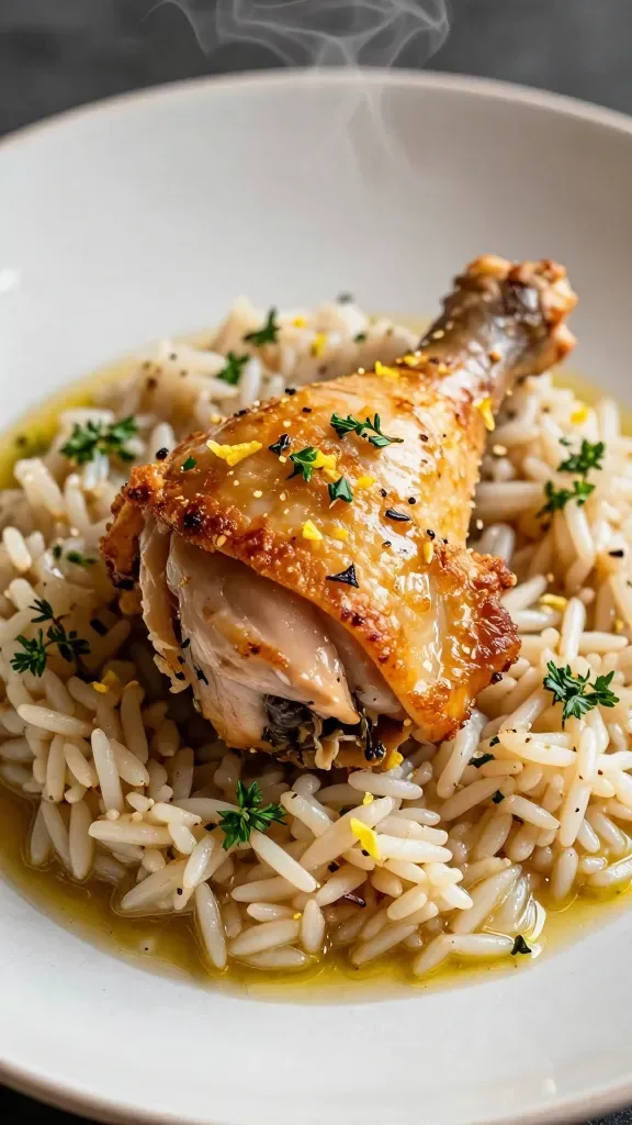 Macro shot of a plated serving from the pot: a single juicy chicken thigh with crisp, golden skin resting on a mound of tender rice infused with chicken juices, scattered fresh parsley and thyme leaves, delicate flecks of lemon zest, a light sheen of olive oil, steam gently rising, neutral ceramic plate, soft side lighting emphasizing texture, no additional ingredients or sauces.