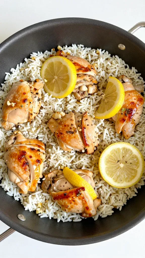 Overhead close-up of the pot right after cooking: fluffy rice speckled with minced garlic and herbs, chicken thighs arranged evenly with caramelized edges, thin lemon rounds tucked between pieces, bright yet natural color grading, subtle condensation on the pot rim, clean stovetop background, minimal styling, no extra vegetables, no additional toppings beyond lemon, herbs, chicken, and rice.