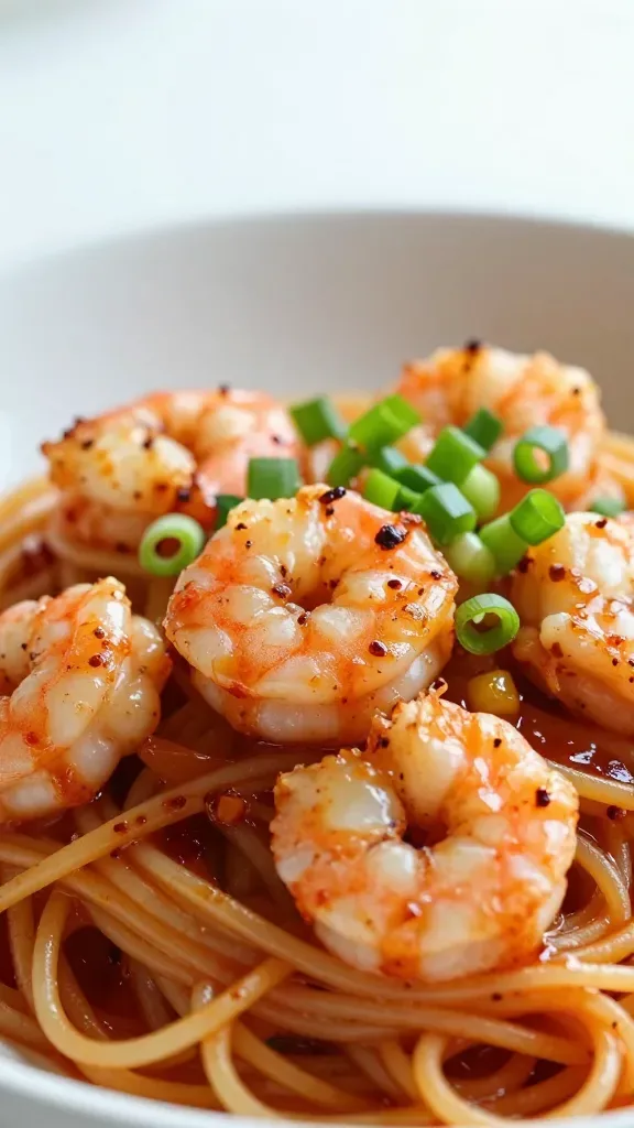 Extreme closeup of a shallow white bowl filled with spaghetti coated in a glossy sweet chili sauce, topped with plump seared shrimp (light char on edges), thinly sliced green onions, and a few red chili flakes, soft natural window light, minimal background blur, no extra ingredients, high detail, 50mm macro food photography