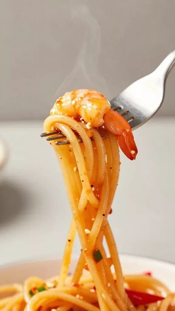 Three-quarter angle closeup of a fork twirling sweet chili–glazed pasta strands with one succulent shrimp hooked on the tines, sauce clinging thickly and pooling slightly, faint steam rising, subtle bokeh, clean neutral surface beneath, tiny specks of garlic and red chili visible, no additional garnishes beyond a hint of green onion, cinematic food styling