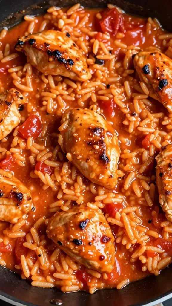 Extreme close-up, overhead view of a one-pan creamy tomato chicken and rice: bite-sized seared chicken pieces nestled in fluffy long-grain rice coated in a glossy tomato-cream sauce. Visible caramelized tomato paste sheen with tiny browned garlic and onion bits, light swirl of cream giving a silky orange-red hue. No herbs or extra toppings, just chicken, rice, and creamy tomato sauce in a black nonstick skillet with a warm, soft side light and shallow depth of field.