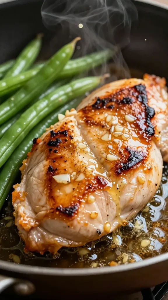 Ultra-realistic close-up of juicy pan-seared chicken breasts in a skillet, golden-brown caramelized edges, glossy garlic butter pooling and bubbling around the chicken, visible minced garlic and melted butter sheen, crisp-tender bright green beans nestled beside the chicken, light steam rising, a few micro-beads of lemony butter on the surface, shallow depth of field, warm moody side lighting, no extra ingredients or garnishes, shot at 45-degree angle.