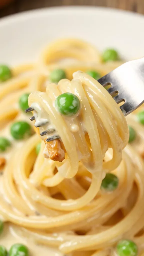 Side-angle macro of a fork lifting a twirl of creamy chicken pea pasta from a plate: sauce clinging to spaghetti strands with a glossy finish, a couple of peas peeking through, and one small piece of browned chicken caught in the twirl; background softly blurred with the remaining pasta on a plate; subtle highlights on the cream sauce, true-to-life colors, no herbs, no breadcrumbs, no extra ingredients.