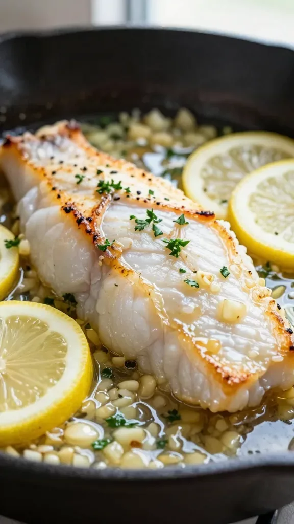 Extreme close-up of a seared white fish fillet (such as cod) in a black cast-iron skillet, glistening with a buttery lemon-garlic sauce; visible golden edges and flaky texture, thin lemon slices and finely minced garlic in the sauce with a light sprinkle of chopped parsley; warm natural window light, shallow depth of field, no other ingredients, no text.