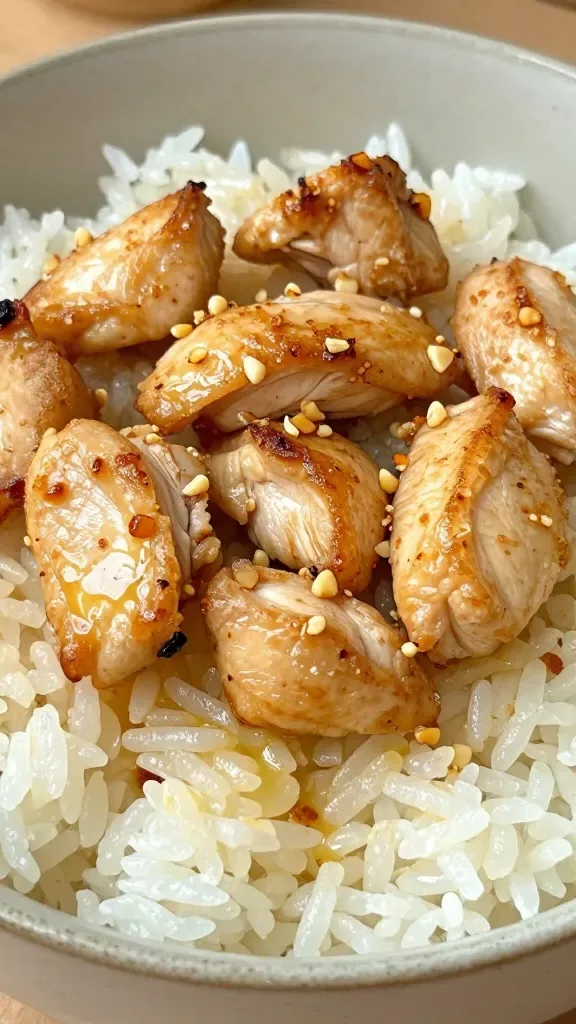 Extreme close-up of a steaming rice bowl filled with fluffy white rice topped with bite-sized, pan-seared chicken pieces glistening in melted garlic butter; visible golden-brown edges on the chicken, tiny toasted garlic bits scattered over the surface, a light sheen of butter pooling slightly on the rice; warm, natural kitchen lighting, shallow depth of field, neutral ceramic bowl, no extra ingredients or garnishes.