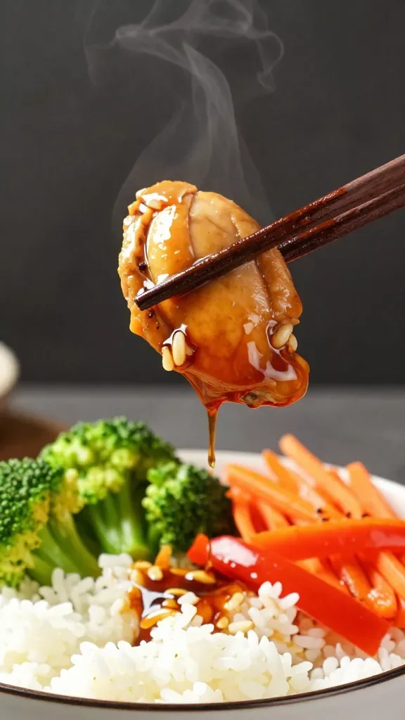Three-quarter angle macro of chopsticks lifting a glazed chicken piece above a bowl: thick, shiny sweet soy sauce clinging to the chicken and a few rice grains, steam rising. In the bowl below, visible components include fluffy white rice, tender-crisp broccoli, julienned carrots, and red bell pepper strips coated lightly in the same sauce. Soft, warm kitchen lighting, dark slate background, minimal styling. No extra ingredients.