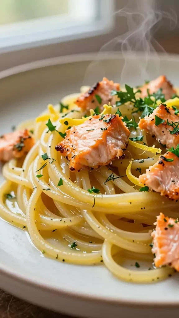 Ultra-closeup of al dente spaghetti twirled with flaky baked salmon pieces in a glossy lemon-butter sauce, specks of finely chopped fresh parsley and dill, thin lemon zest ribbons visible on the pasta, light steam rising, shot in soft natural window light on a neutral ceramic plate, shallow depth of field emphasizing the silky sauce and salmon flakes, no extra ingredients.