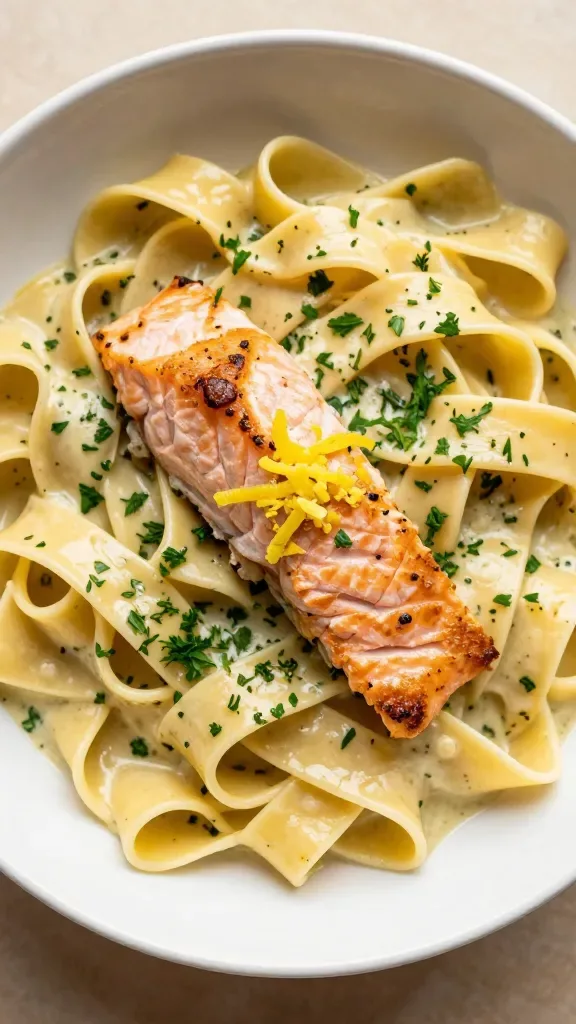 Overhead macro shot of a shallow bowl filled with lemon herb salmon pasta: tagliatelle coated in a light, glistening lemon-garlic butter sauce, generous flakes of seared salmon gently folded through, finely chopped parsley and dill sprinkled evenly, a few micro-grates of fresh lemon zest on top, warm neutral background, clean styling with no additional garnishes or sides.