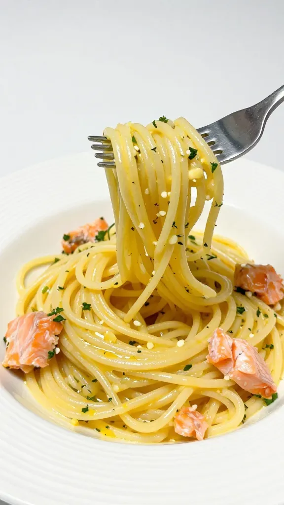 Three-quarter angle closeup of a fork lifting strands of linguine coated in a bright, velvety lemon-butter sauce with visible tiny garlic bits, delicate flakes of moist salmon clinging to the pasta, subtle sprinkle of chopped parsley and dill throughout, soft highlights showing saucy sheen, minimalistic tabletop scene with a matte white bowl, no other ingredients or props.