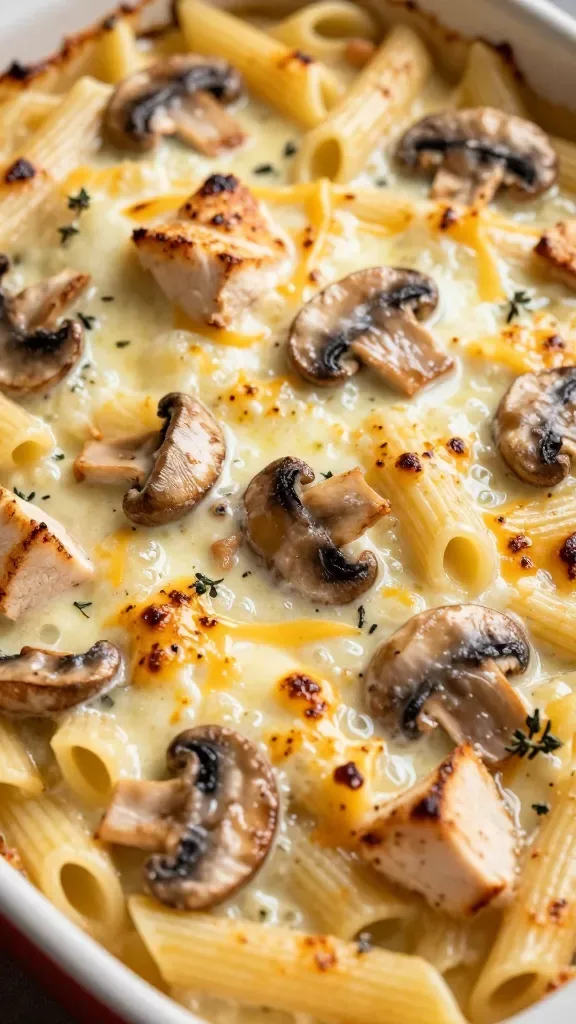 Extreme close-up of a golden, bubbling baked pasta casserole featuring penne pasta coated in a creamy white sauce, with browned sliced cremini mushrooms and juicy bite-sized pieces of seared chicken throughout, topped with lightly blistered melted mozzarella and cheddar, hints of thyme leaves, and a glossy, saucy sheen; warm oven-light ambiance on a rustic baking dish, no extra ingredients visible.