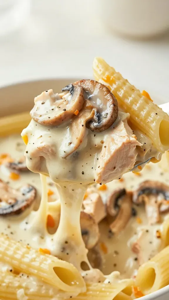 Macro shot of a single serving scoop from a creamy mushroom chicken pasta bake: ridged penne tightly bound by velvety cream sauce, visible browned mushroom slices, tender chunks of chicken breast, strands of melted cheese stretching from the scoop, light specks of black pepper and thyme, set on a neutral plate with soft natural window light; no additional vegetables or toppings.