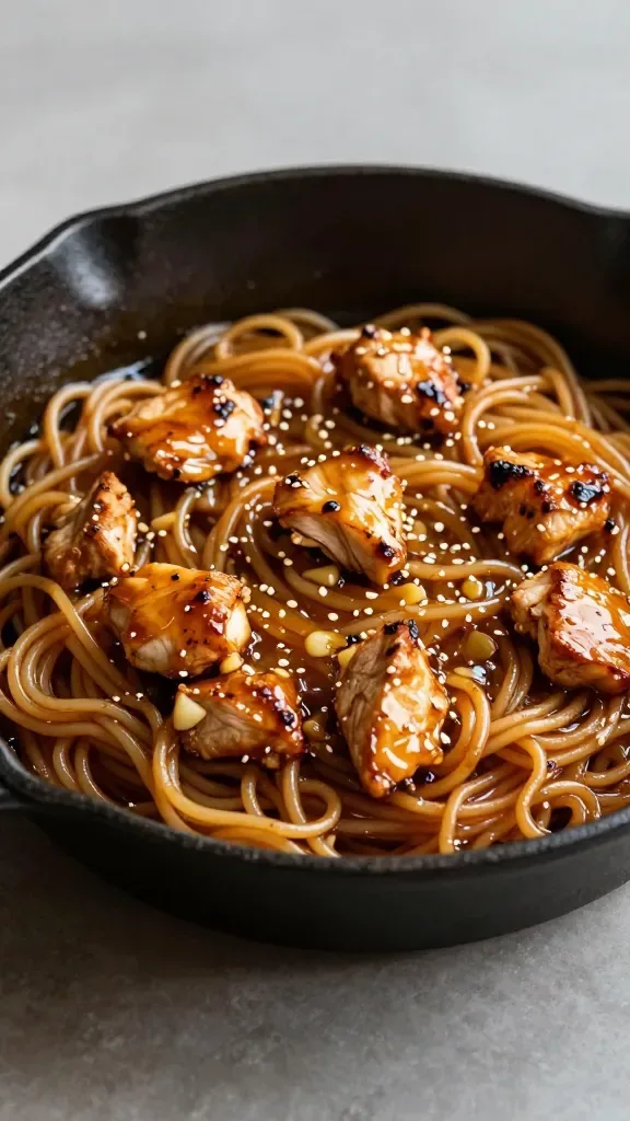 Skillet scene, three-quarter angle: noodles and cubed seared chicken tossed together in a rich amber honey-garlic-soy sauce, glistening and slightly sticky; visible garlic bits and light sesame oil shine; minimal styling, dark cast-iron pan on a plain surface, soft directional lighting highlighting the sauce’s glossy cling, no additional ingredients or garnishes.