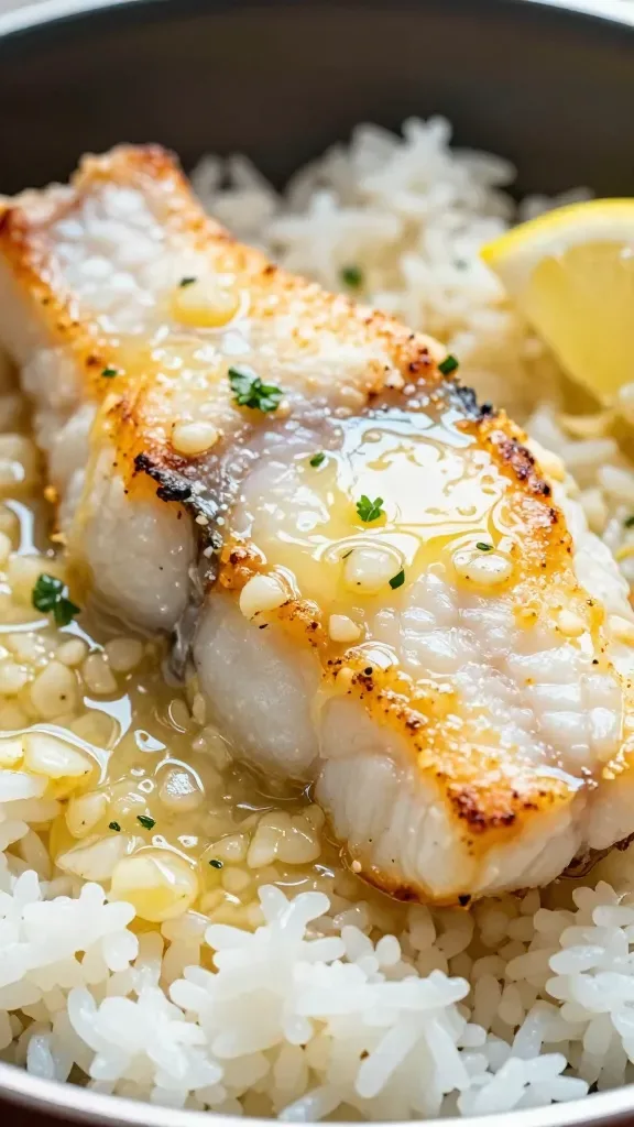 Extreme close-up of flaky pan-seared cod fillets in a shallow skillet, bathed in glossy melted butter with finely minced garlic visible in the sauce, light golden edges on the fish, a squeeze of fresh lemon juice shimmering on top, and a few tiny flecks of parsley, served over a bed of plain white fluffy rice—soft natural window light, shallow depth of field, no extra ingredients, no text.