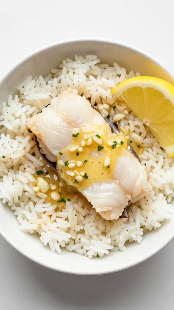 Overhead shot of a white bowl filled with warm steamed white rice topped with large flakes of tender cod, spooned with rich garlic butter sauce pooling into the rice, visible garlic bits and tiny parsley specks, a light sheen from butter, and a lemon wedge just out of frame casting a subtle highlight—clean, minimalist background, high-resolution food photography, no additional garnishes.