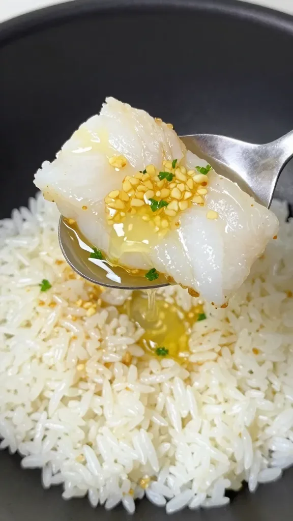 Three-quarter angle of a spoon lifting a piece of delicate, flaky cod from a skillet, dripping with golden garlic butter dotted with minced garlic and micro parsley flecks, with the spoon poised over a mound of plain white rice ready to catch the sauce—soft side lighting, close-cropped composition, crisp detail on butter gloss, no extra ingredients, no text.
