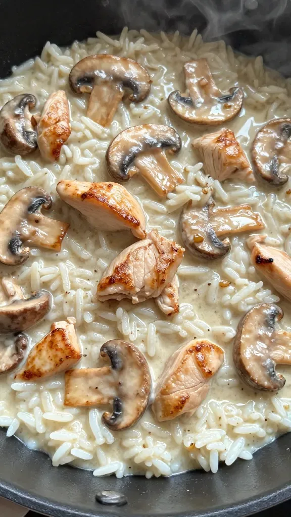 Ultra-closeup of a creamy chicken mushroom rice in a shallow skillet: tender bite-sized chicken pieces seared golden-brown, sliced cremini mushrooms glistening, fluffy white rice coated in a silky off-white cream sauce, specks of minced garlic and fine black pepper visible, light steam rising, glossy finish, natural warm kitchen light, shallow depth of field, no garnishes, no extra ingredients, overhead 3/4 angle