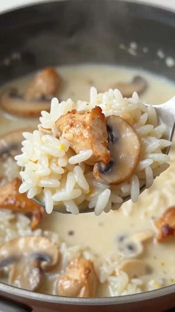 Spoonful closeup hovering over the pan: a heaping spoon showing distinct grains of rice coated in creamy sauce, small browned chicken chunks and soft sautéed mushroom slices nestled throughout, subtle sheen of cream, tiny garlic bits, gentle steam, neutral background blur, soft daylight, high-resolution macro detail, no herbs, no extra toppings