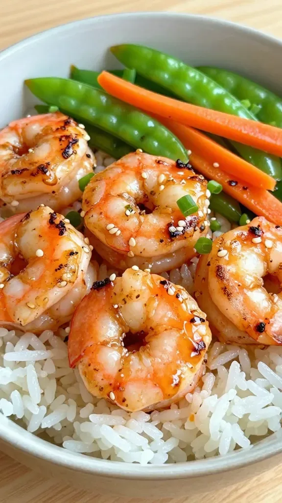 Extreme close-up of a honey-soy glazed shrimp rice bowl: plump shrimp seared with light charred edges, coated in glossy honey soy garlic sauce with visible sesame sheen, arranged over fluffy white jasmine rice. Add a tight layer of crisp-tender bright green snap peas and thin carrot ribbons lightly sautéed, a few finely sliced scallions sprinkled on top. Natural daylight, shallow depth of field, neutral ceramic bowl on a light wood surface, no extra ingredients, no text.