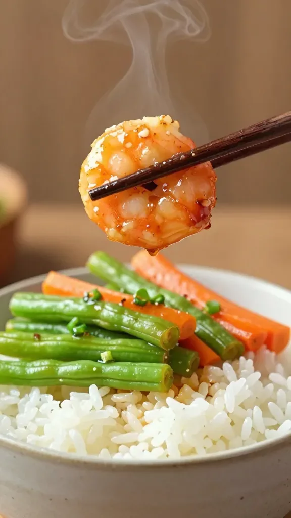 Three-quarter angle close-up of chopsticks lifting a single honey-soy garlic glazed shrimp above a rice bowl: shrimp glossy with sauce and slight caramelization, steam rising from fluffy white rice below. In the bowl, a modest portion of sautéed green beans cut on a bias and a few carrot matchsticks, all coated lightly in the same sauce, sprinkled with scallions. Warm, natural lighting, shallow depth of field, simple gray ceramic bowl, no additional garnishes or ingredients.