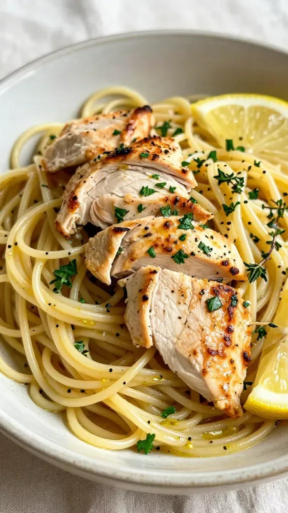 Extreme close-up of a bowl of lemon herb chicken pasta: al dente spaghetti lightly coated in a glossy olive oil–butter sauce with visible lemon zest, thinly sliced pan-seared chicken breast pieces with golden edges, finely chopped fresh parsley and thyme scattered throughout, a few thin half-moon slices of lemon tucked among the pasta, mild black pepper flecks, warm natural window light, shallow depth of field, no extra ingredients, rustic neutral ceramic bowl on a simple light linen.