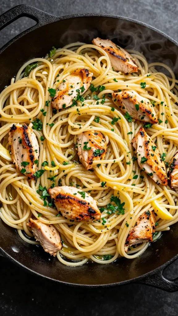 Overhead shot of lemon herb chicken pasta just tossed in a skillet: twirlable spaghetti glistening with starchy olive oil–butter emulsion, bite-size golden seared chicken pieces, fresh parsley and thyme finely chopped and sprinkled evenly, bright specks of lemon zest across the strands, a squeeze of lemon visible by a small puddle of glossy sauce sheen, subtle steam, cast-iron skillet on a matte dark surface, no extra ingredients.