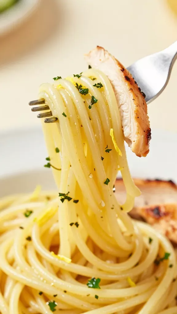 Side angle, tight macro of a pasta twirl on a fork lifted from a plate: glossy spaghetti strands clinging with silky lemon-herb sauce, tiny droplets catching the light, a few micro-chopped parsley leaves and thyme leaves on the pasta, delicate lemon zest threads, a single thin slice of golden-edged seared chicken nestled in the twirl, soft bokeh background, neutral plate, no extra ingredients.