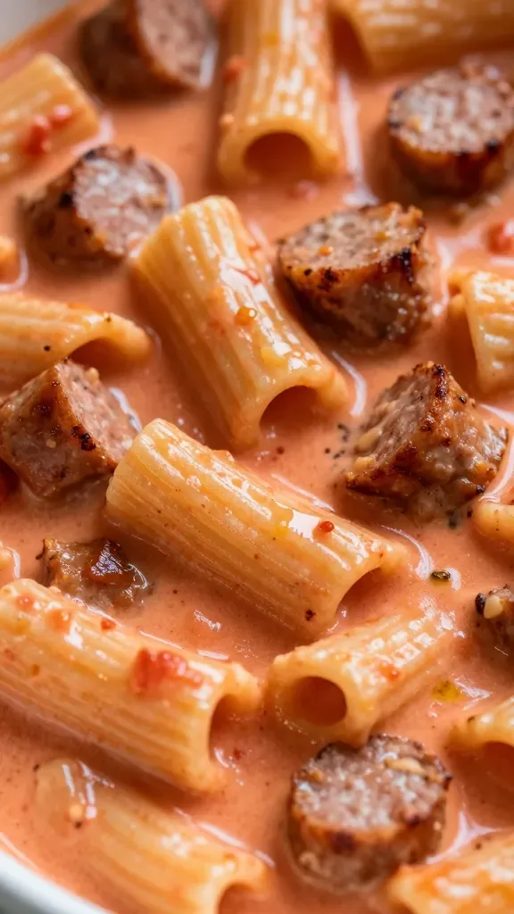 Extreme close-up of a one-pan creamy tomato sausage pasta: ridged rigatoni coated in a glossy pink-orange tomato cream sauce, with evenly browned crumbles of Italian sausage throughout, a light sheen of olive oil, and a few tiny flecks of red pepper and black pepper; no visible extra ingredients beyond pasta, sausage, tomato-cream sauce; warm indoor lighting, shallow depth of field, shot from a 45-degree angle