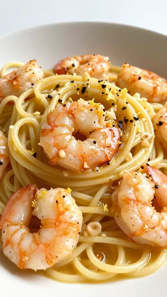 Extreme close-up of lemon butter shrimp pasta: al dente spaghetti lightly coated in glossy lemon-garlic butter sauce, plump pink shrimp seared with light caramelized edges, fine lemon zest sprinkled over, tiny flecks of minced garlic and cracked black pepper visible, a light sheen of melted butter pooling subtly between strands, served in a shallow white bowl on a neutral background, soft natural window light, high detail, no extra ingredients, no text.