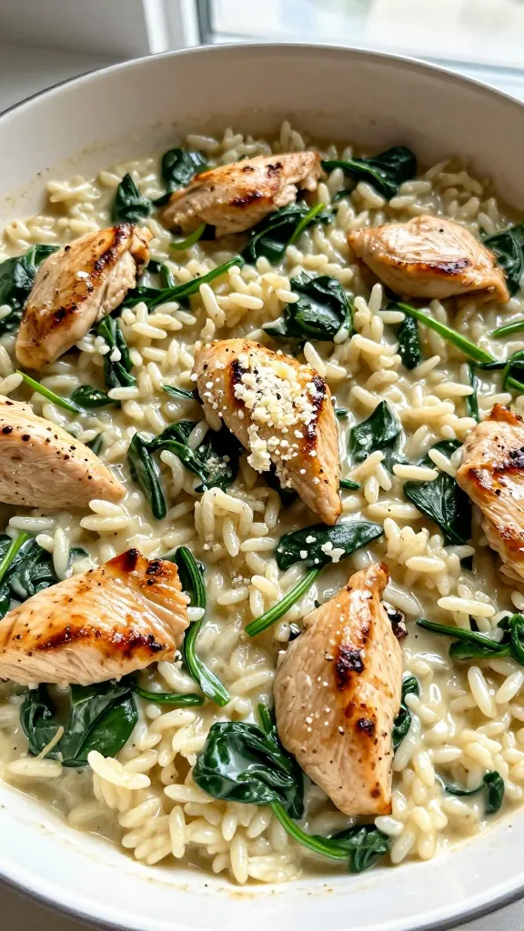 Ultra-closeup of a one-pot creamy chicken spinach rice in a shallow white skillet: tender bite-sized seared chicken pieces nestled in glossy, creamy rice, stirred with wilted spinach throughout. Visible creamy sauce clinging to short-grain rice, small flecks of black pepper, light sheen from butter, and a subtle sprinkle of finely grated Parmesan melting in. Soft natural window light, shallow depth of field, top-down three-quarter angle, no extra garnishes or ingredients.
