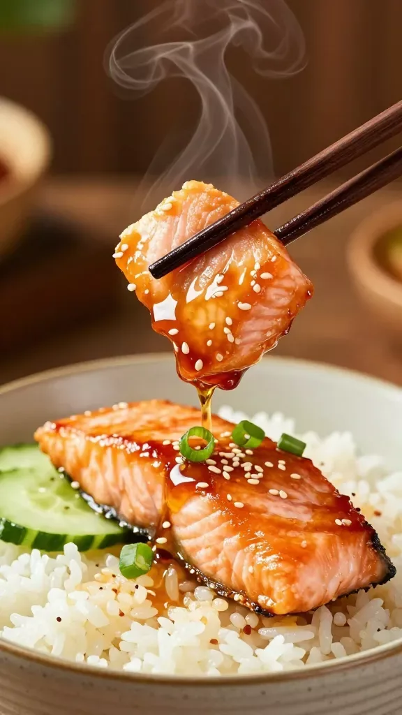 Three-quarter closeup of chopsticks lifting a caramelized honey-soy salmon piece from a rice bowl, visible steam rising from fluffy rice beneath; bowl includes only the salmon, white rice, thinly sliced cucumbers, scallions, and a light scatter of sesame seeds; rich, warm tones, soft side lighting, bokeh background, high contrast to emphasize the sticky glaze.
