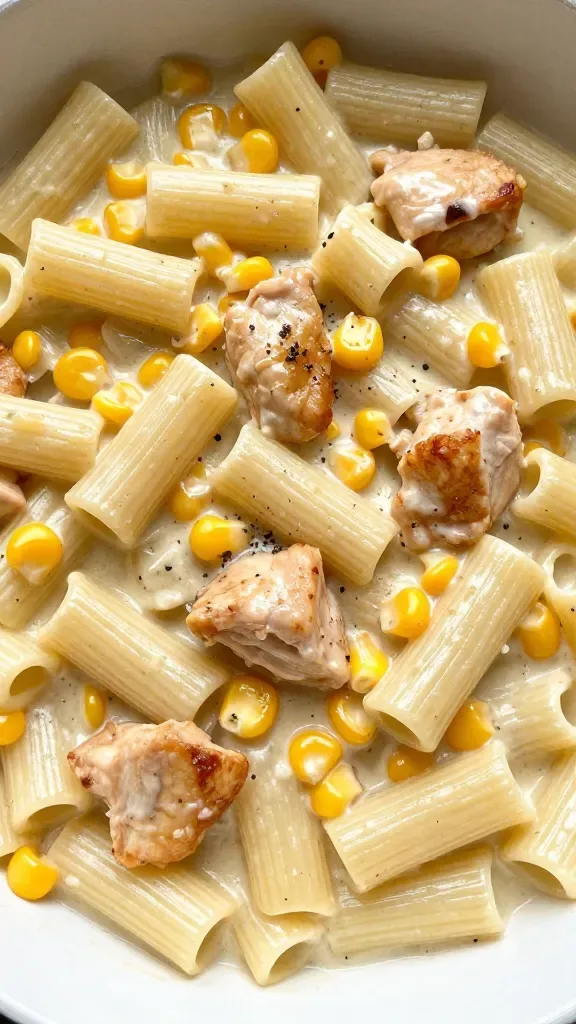 Extreme close-up of a shallow white skillet filled with creamy chicken corn pasta: al dente short pasta (rigatoni) coated in a glossy ivory parmesan cream sauce, tender golden-browned chicken bites, and bright yellow sweet corn kernels nestled throughout. Flecks of freshly cracked black pepper and a light sheen from emulsified sauce clinging to every noodle. Soft natural window light, minimal background, no garnishes or extra ingredients, top-down angle.
