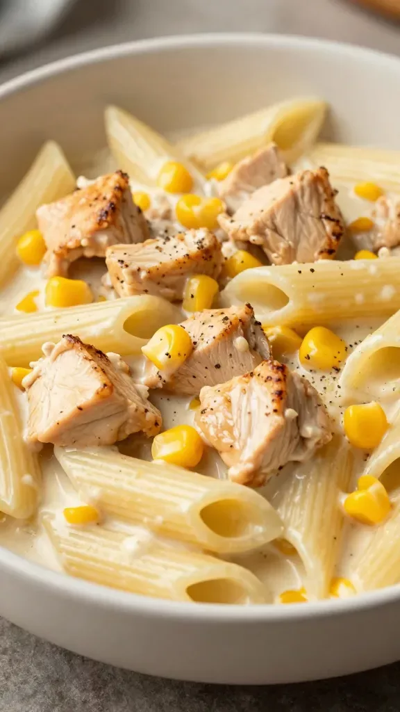 Side-angle close-up in a matte off-white bowl showcasing creamy chicken corn pasta: medium pasta shape (penne) enveloped in smooth, glossy cream sauce, evenly distributed bite-sized chicken pieces with light sear, and plump yellow corn kernels. Light sprinkle of black pepper only, subtle steam rising, soft shadows, rustic tabletop, no extra garnishes or ingredients, focus on sauce hugging each noodle.