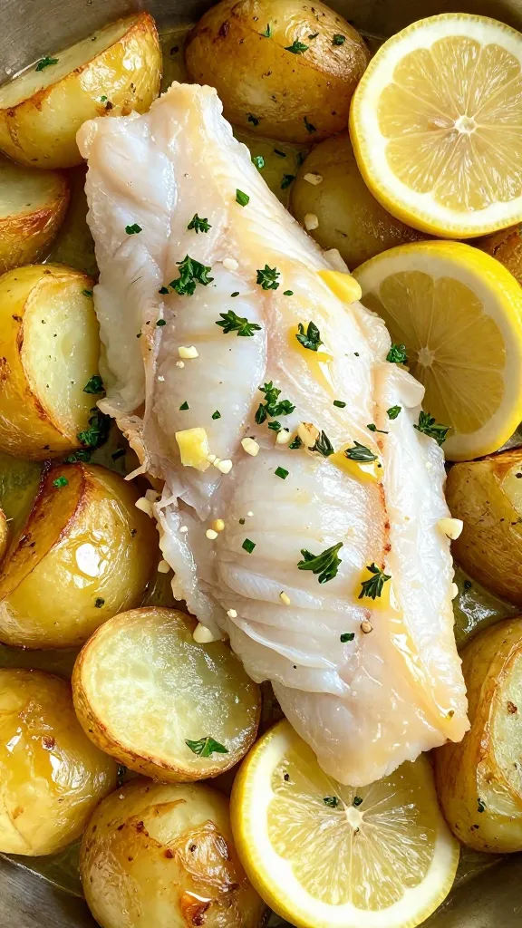 A close-up, overhead shot of a sheet pan dinner featuring flaky white fish fillets (cod or halibut) nestled beside thinly sliced golden roasted potatoes with crispy edges, all glistening with a lemon-butter glaze. Visible fresh herbs (parsley and thyme) and finely minced garlic are scattered over the fish and potatoes. Lemon slices are tucked around the fillets, with a few squeezed halves showing glossy juice. Natural warm kitchen light, shallow depth of field, no additional ingredients beyond fish, potatoes, lemon, butter, garlic, parsley, and thyme.