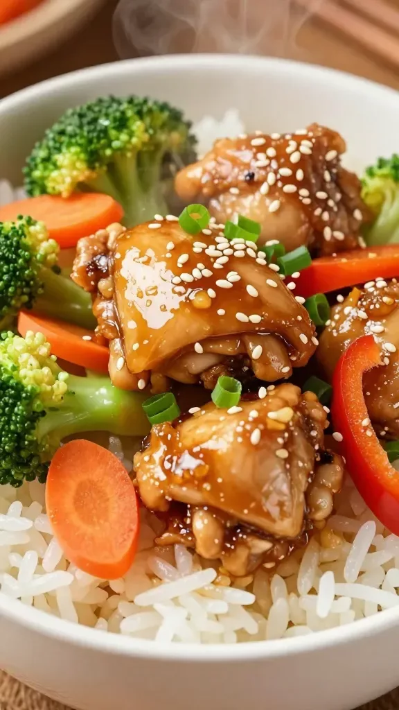 Ultra-realistic close-up of honey garlic chicken and vegetables in a shallow white bowl over steamed white rice: glossy bite-sized chicken thigh pieces coated in a sticky honey-garlic soy glaze with visible minced garlic, alongside crisp-tender broccoli florets, thin carrot coins, and red bell pepper strips, light sesame seed sprinkle and a few sliced scallions for garnish, slight steam rising, warm neutral background, soft natural side light, high detail, no extra ingredients, no text.
