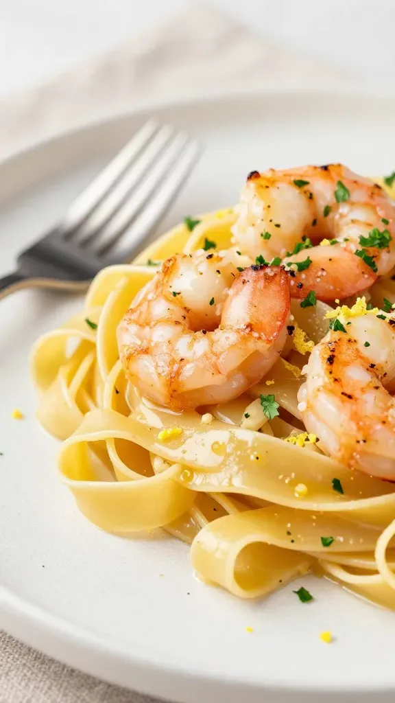 Side-angle macro of fettuccine garlic butter shrimp: thick ribbons of fettuccine slick with clarified butter and sautéed garlic, several large shrimp curled on top with subtle caramelization, fine chopped parsley sprinkled sparingly, micro-shavings of lemon zest on noodles, steam gently rising, set on a neutral linen with a simple stainless fork, soft diffused daylight, photorealistic, no extra ingredients, no text.