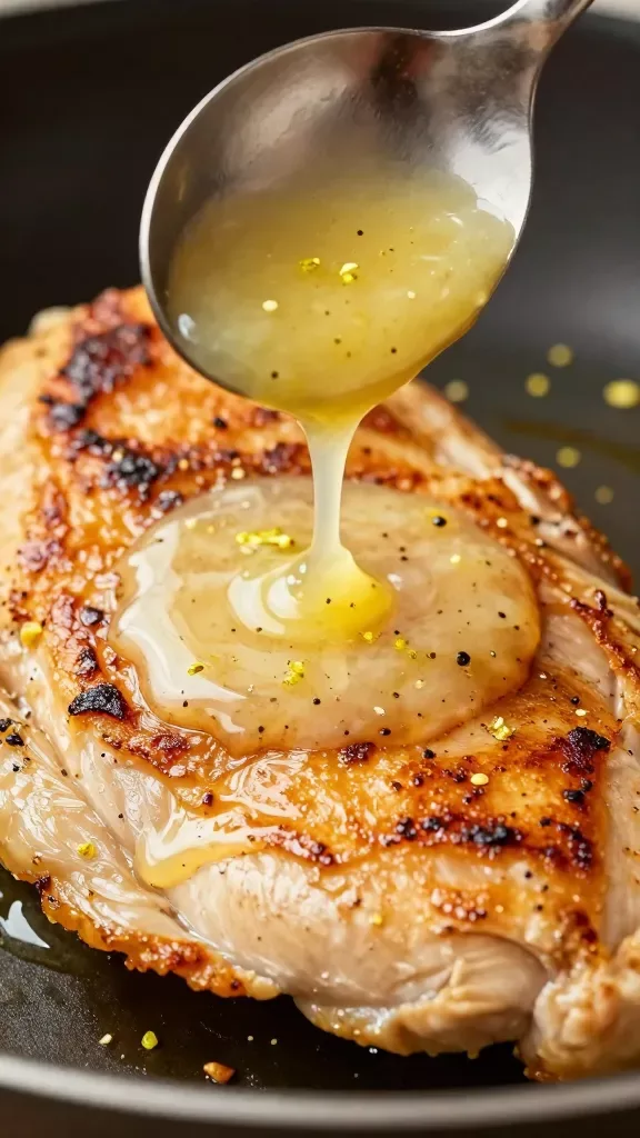 Extreme close-up macro of a spoon drizzling glossy pan sauce over a golden lemon pepper chicken cutlet in skillet: sauce visibly emulsified with butter, tiny flecks of black pepper suspended, micro-grated lemon zest shining. The chicken surface shows crisp browned ridges and moisture beading. Soft, warm lighting highlighting texture; frame excludes any additional ingredients except lemon elements and pepper.