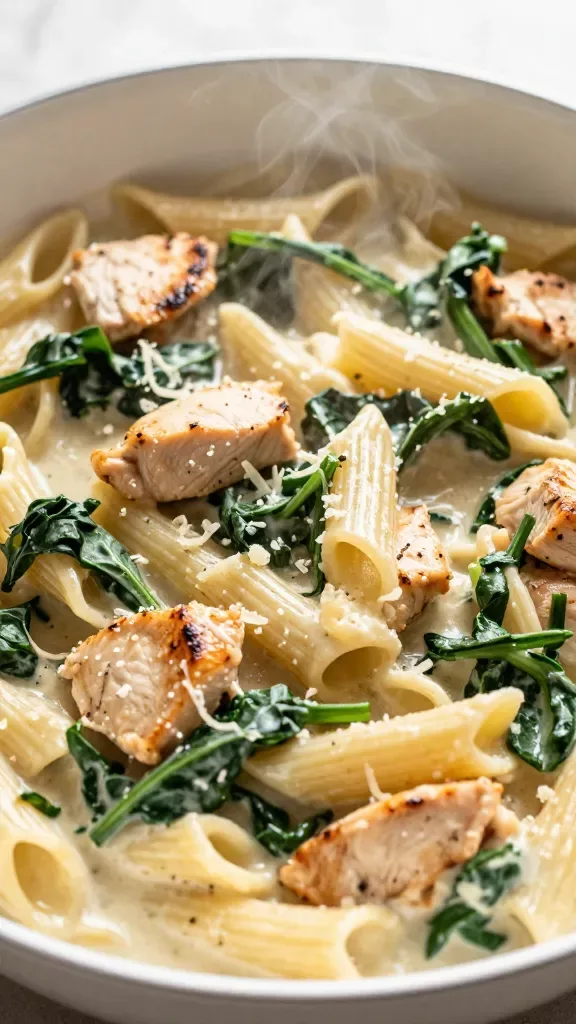 Ultra-closeup of creamy spinach chicken pasta in a shallow white skillet: al dente short pasta (penne) coated in glossy cream sauce, tender bite-sized seared chicken pieces, wilted baby spinach ribbons throughout, finely grated parmesan melted into the sauce, gentle steam rising, warm natural kitchen window light, soft shadows, no extra garnishes or ingredients, high-resolution food photography, shallow depth of field.