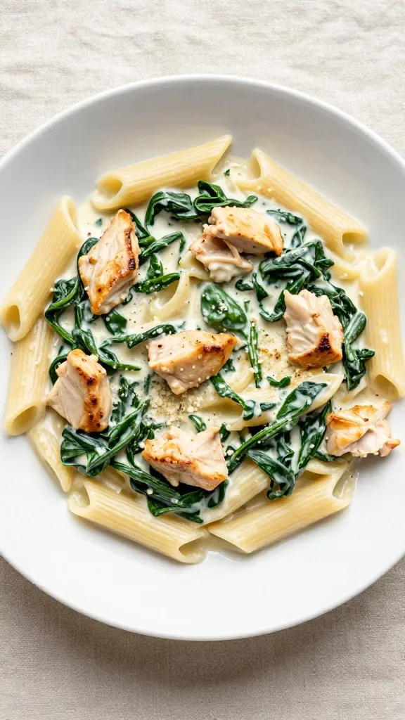 Overhead shot of a single serving of creamy spinach chicken pasta in a wide white bowl: creamy sauce evenly clinging to penne, evenly distributed small chicken chunks with light golden sear, abundant wilted spinach leaves intertwined with the pasta, a subtle sheen from the cream and parmesan, neutral linen backdrop, clean composition, no herbs, no pepper flakes, no lemon, no extra toppings.