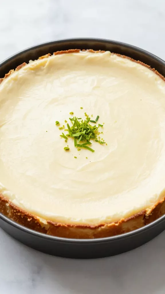 Overhead close-up of a whole coconut lime cheesecake in a springform pan with the ring removed, perfectly smooth top, fine dusting of fresh lime zest in the center only, clearly defined golden crust around the edge, slight sheen on the creamy surface, set on a light marble surface, bright diffused window light, no slices cut, no toppings, no additional ingredients.