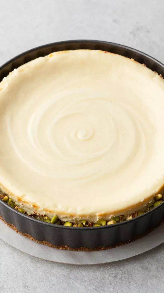 Overhead shot of the full raspberry pistachio cheesecake just out of the springform ring: perfect circular shape, smooth top with elegant raspberry swirl pattern, uniformly baked pale ivory surface, neat golden-green pistachio-graham crust band around the sides, set on parchment-lined base, minimal props, muted stone background, soft diffused lighting, no additional ingredients, no text