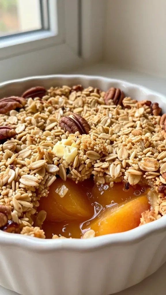 Close-up of a freshly baked vanilla peach crisp in a small rustic ceramic baking dish, golden oat-pecan crumble on top with visible toasted oats and chopped pecans, bubbling jammy peach filling peeking through the cracks, slight sheen of butter, warm neutral background, soft natural window light from the side, shallow depth of field, no garnishes, no ice cream, no extra ingredients.