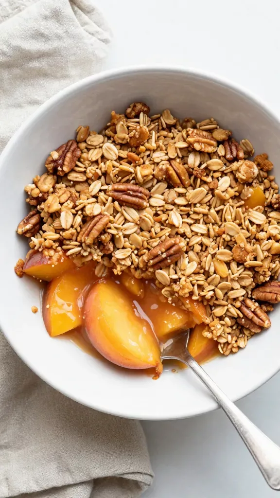 Overhead close-up of a single serving of vanilla peach crisp in a white shallow bowl, spooned portion showing thick, juicy peach slices coated in syrupy vanilla filling beneath a crisp, deeply golden oat-pecan topping, a few crumbs scattered on the rim, linen napkin in a muted tone, soft diffused daylight, minimal scene, no added fruits or sauces.