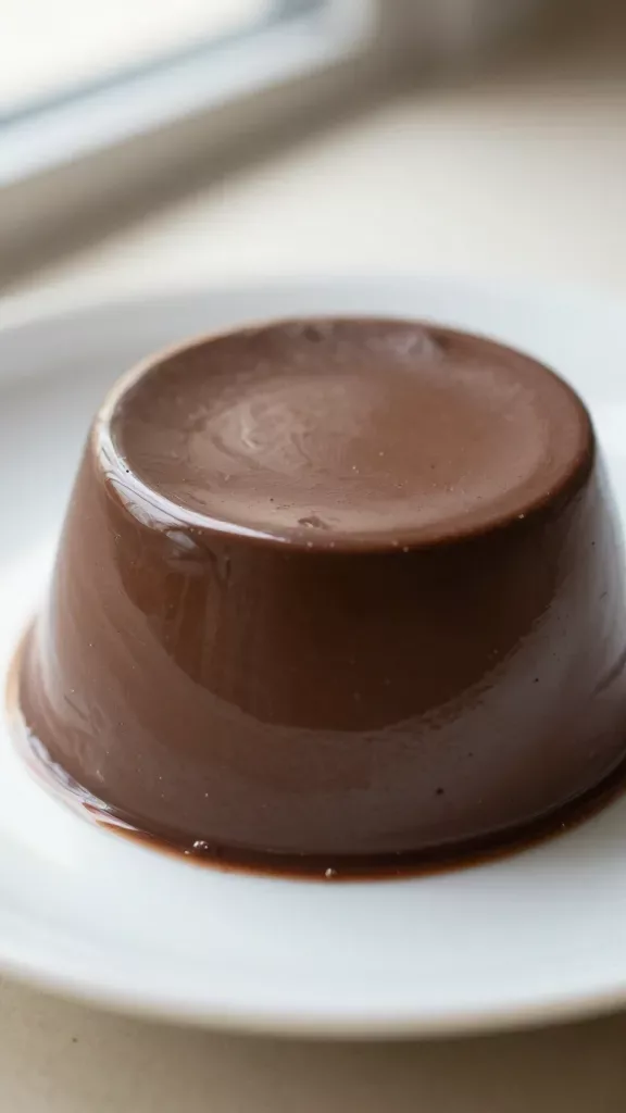 Extreme close-up of a single-serving chocolate coconut panna cotta just out of its mold, perfectly smooth and glossy on top, rich dark-chocolate color with a faint silky sheen, subtle coconut cream undertone, set on a simple white ceramic plate with soft natural window light and shallow depth of field, no toppings or garnishes, minimal background blur in warm neutral tones.