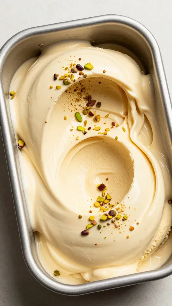 Overhead close-up of freshly churned maple pistachio ice cream in a metal loaf pan, smooth ripples from a spatula, visible swirls of pale maple custard with finely chopped toasted pistachios dispersed evenly, slight gloss indicating creaminess, cool studio lighting, minimal shadows, no props except the pan, background is a simple light stone surface, hyper-realistic.