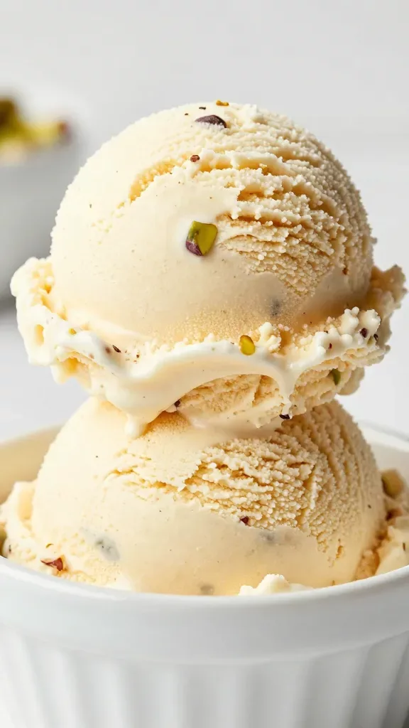Macro side view of two scoops of maple pistachio ice cream stacked in a simple white ceramic dish, off-white maple hue with specks and small chunks of toasted pistachios peeking through, slight melting drip on the side to show texture, soft morning light, clean blurred background, no cones, no sauces, no extra garnishes, crisp high-resolution food styling.