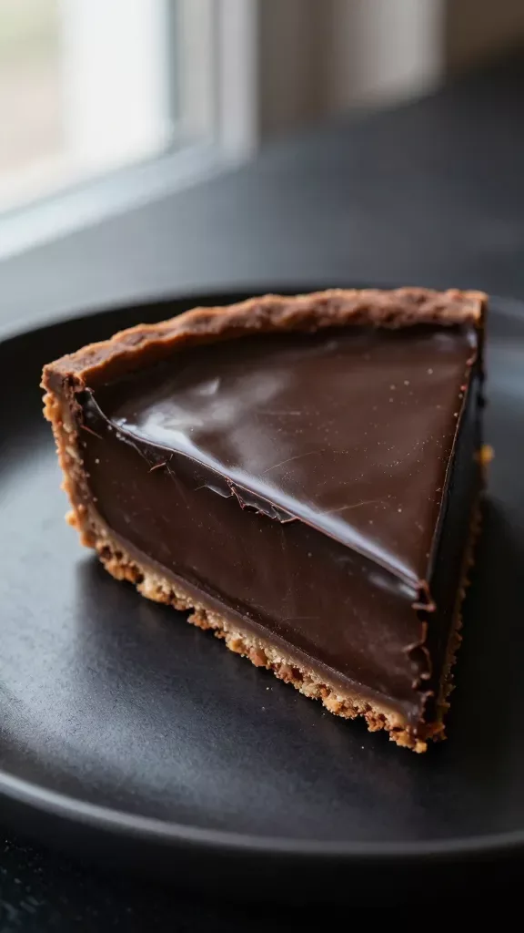 Extreme close-up of a glossy dark chocolate espresso tart slice on a simple matte black plate: silky, mirror-like dark chocolate ganache filling with a subtle sheen, fine crack-free surface, clean sharp edges, thin crisp chocolate cookie crust with even thickness and delicate crumb, faint condensation beads from chill, soft natural window light from the left, shallow depth of field, no toppings or garnishes, no utensils, neutral dark background.