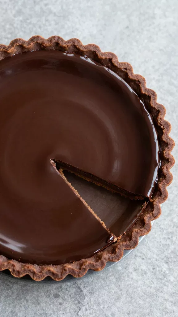 Overhead close-up of a whole dark chocolate espresso tart in a fluted tart pan: perfectly smooth, glassy dark ganache surface with a deep espresso-brown tone, precise fluted chocolate cookie crust ring visible all around, a single clean-cut missing slice space revealing the creamy interior and thin crust cross-section, light reflecting softly as a single highlight arc, shot on a cool gray stone surface, minimal shadows, no extra ingredients, no text.