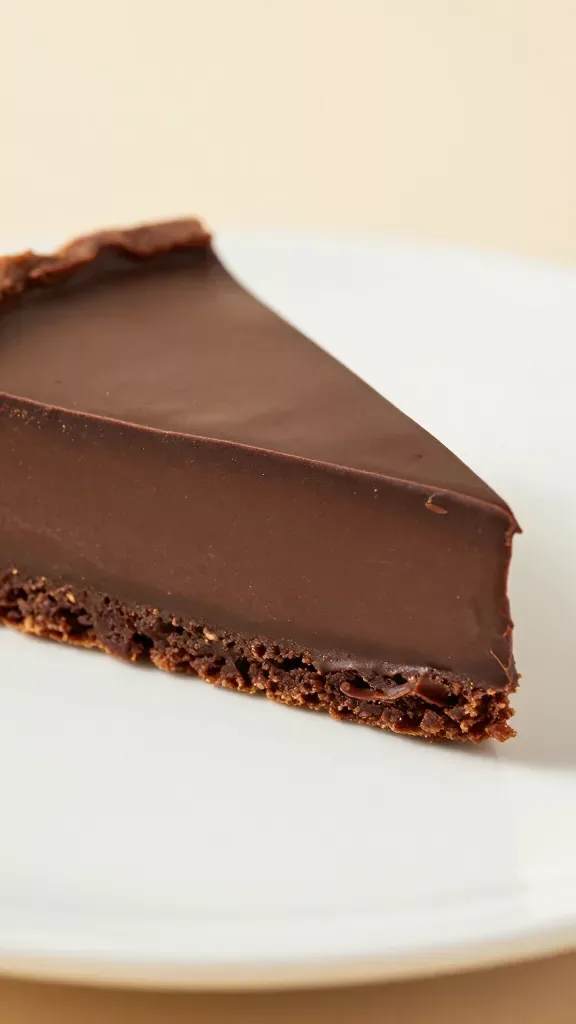 Macro side profile of a single plated wedge of dark chocolate espresso tart: thick, velvety ganache layer with ultra-smooth texture and subtle micro-bubbles, dark chocolate cookie crust distinctly crumbly yet compact, perfectly straight cut line, tiny knife smears on the plate for realism, soft diffused studio lighting, warm neutral backdrop slightly out of focus, no garnishes, no powders, no sauces, just the tart.